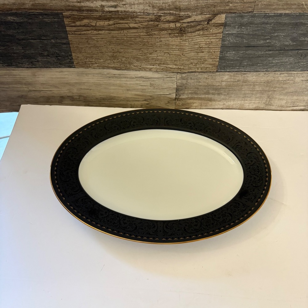 Noritake Benedicta 6976 Oval Serving Platter Black Gold Floral China Japan 12in
